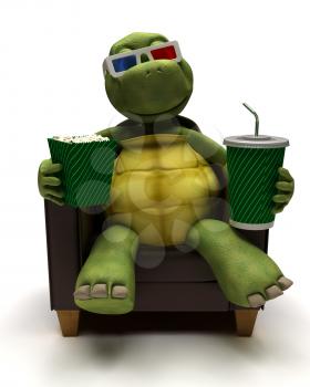 3D Render of a Tortoise relexing in armchair drinking a soda watching a 3D movie
