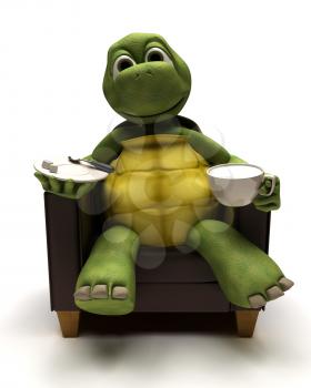 3D Render of a Tortoise relexing in armchair with a coffee