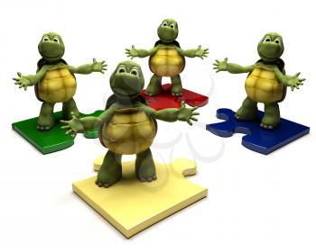 3D Render of a Tortoises on jigsaw pieces