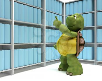 3D Render of a Tortoise with books in a library
