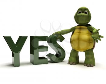 3D render of a tortoise with a yes sign