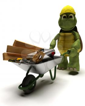 3D render of a tortoise Builder with a wheel barrow carrying tools