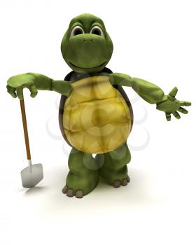 3D render of a tortoise with a spade digging
