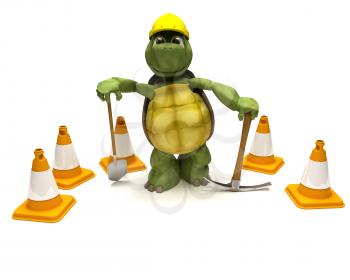 3D render of a tortoise with a  spade and pick axe with hazard cones