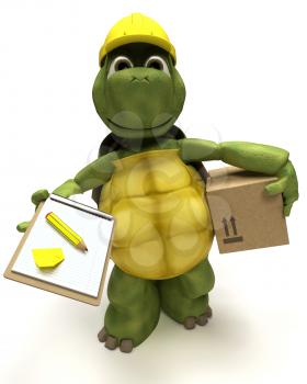 3D render of a tortoise builder receiving a parcel