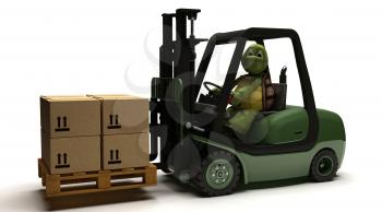 3D render of Tortoise driving a forklift truck