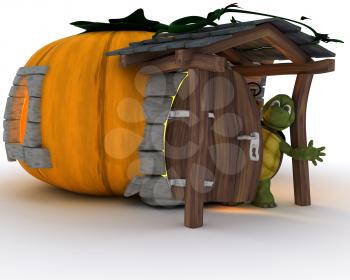 3D Render of Tortoise in Halloween Pumpkin Cottage