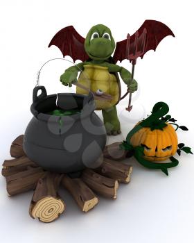 3D render of Deamon Tortoise with cauldron of eyeballs on log fire