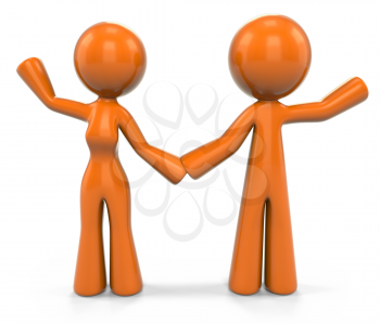 Royalty Free Clipart Image of an Orange Woman and Man Waving. 