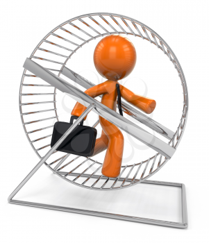 Royalty Free Clipart Image of an Orange Man on a Hamster Wheel