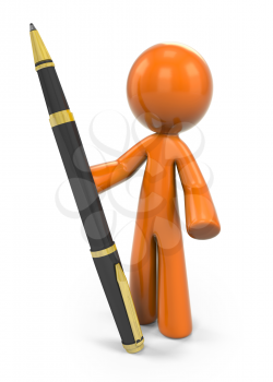 Royalty Free Clipart Image of an Orange Guy Holding a Pen