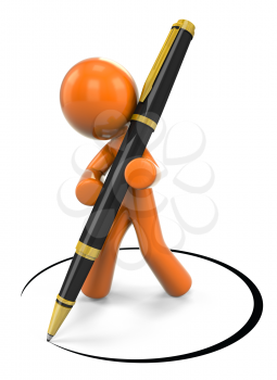 Royalty Free Clipart Image of a 3D Orange Man Writing With A Ball Point Pen