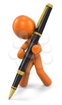 Royalty Free Clipart Image of a 3D Orange Man Writing With A Ball Point Pen
