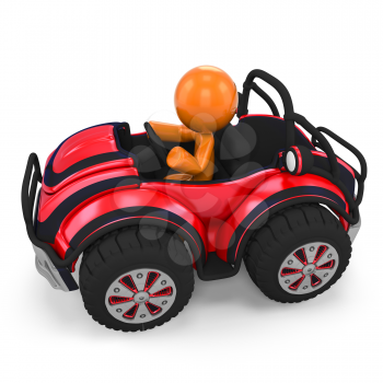 Royalty Free Clipart Image of a 3D Orange Man In Dune Buggy 