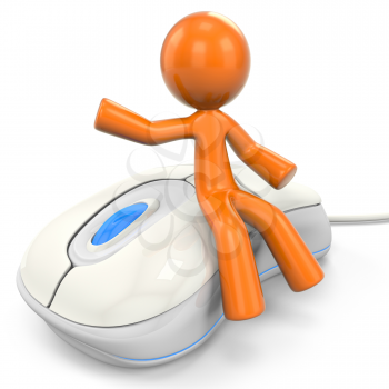 Royalty Free Clipart Image of an Orange Man Sitting on a Mouse