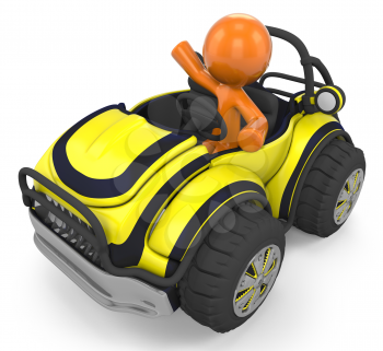 Royalty Free Clipart Image of an Orange Man in a Yellow Buggy