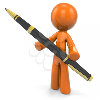 Royalty Free Clipart Image of a 3D Orange Man With A Ball Point Pen 