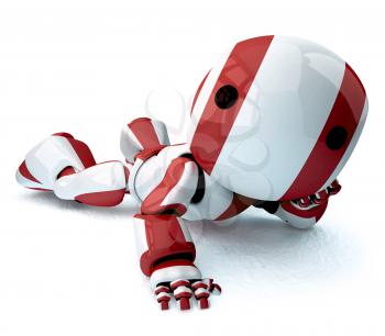 A glossy robot lying down stretched out on the floor with a shadow looking at the viewer. 