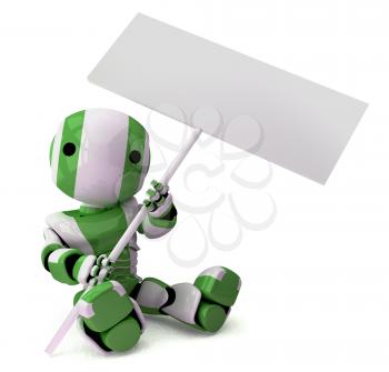 A glossy 3d robot sitting down holding a sign, which is blank for your own design.