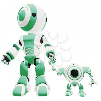 A big and small robot holding hands, the small one is staring at the viewer. 