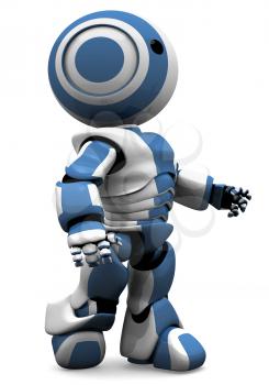A blue and white robot walking forward in determination. Or maybe he has just come off the assembly line and is looking at the new world before him!