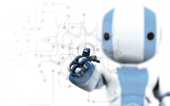 A blue and white robot pointing his finger against a transparent window of circuitry and programming. Slight DOF