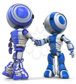 Two robots, slightly different in appearance, shaking hands. Good concept in teamwork or diversity. 