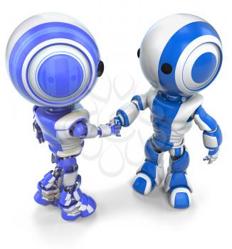 Two robots, slightly different in appearance, shaking hands. Good concept in teamwork or diversity. 