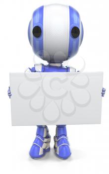 A robot holding a sign. Or it could be a business card if you consider his scale to be small!