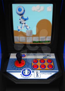 A retro arcade gaming console. Theme involving a running robot. Pixelization of TV screen somewhat exadurated to maintain retro gaming effect. 