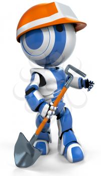 A blue robot with an orange hard hat, standing ready for work with a shovel in his hand. 