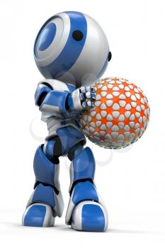 A blue robot holding a futuristic ball, the pattern of which looks like a fourteen year old girl was bored and needed something to do so she made silly little flower patterns, but it is in fact the re