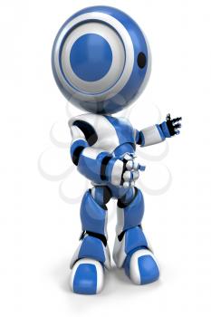 A blue robot gesturing to the right, presenting or talking. A useful pose. 