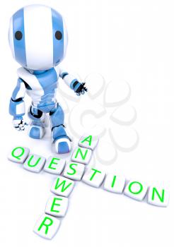 A blue robot behind a crossword puzzle arrangement, with the words question and answer crossed at the S