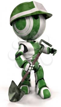 A green robot with a hard hat with a shovel in his hand ready to dig some trenches or do hard labor. 