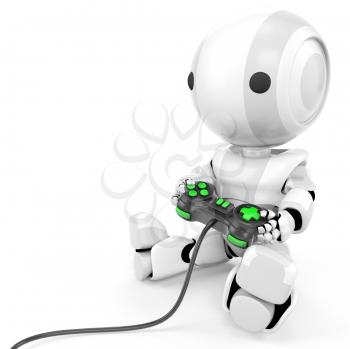 robot holding a video game controller with bright green buttons. 