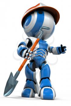 A working class robot holding a shovel. He is motioning to the right, perhaps giving an order. 