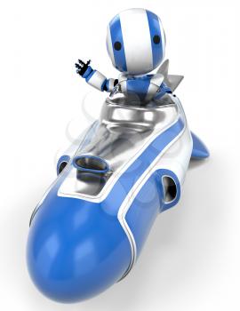 A robot in a hover rocket waving at the viewer viewed from the front. 