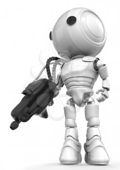 A robot soldier holding a large and heavy gun which is connected to his back via metal hoses for supplying energy to the gun. State of the art!
