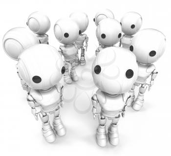 A group of white robots. One is looking up at the viewer. 