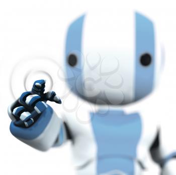 A blue and white robot pointing against a transparent plane. Ripples reveal presence of invisible barrier. 