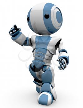 A blue and white robot walking to the left while pointing. Good for advertising pose. 