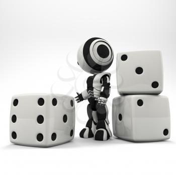 A robot presenting some rather large dice