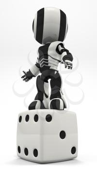 A robot standing victorious on dice. Could show his triumph over chance and overcoming his lot in life.