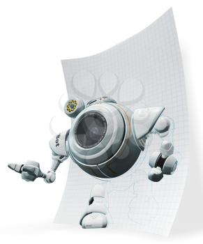 Royalty Free Clipart Image of a A 3d robot web cam emerging from graph paper with technical drawings behind him.
