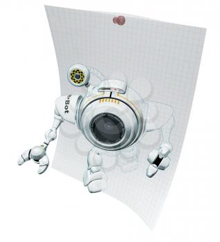 Royalty Free Clipart Image of a A 3d robot web cam emerging from graph paper with technical drawings behind him.