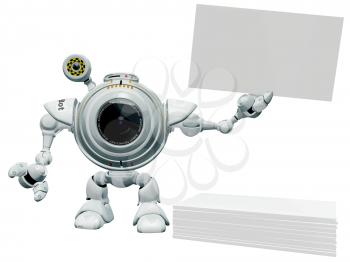 Royalty Free Clipart Image of a A 3d robot web cam holding up a blank business card with a pile of business cards below him.