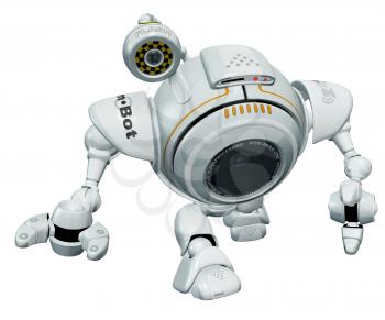 Royalty Free Clipart Image of a 3d Robot Web Cam Walking Toward the Viewer.