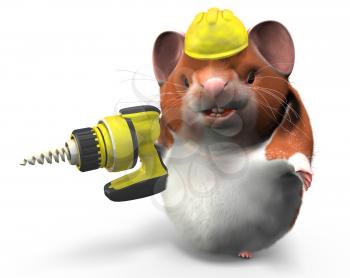 A professional hamster with a drill and hard hat ready to work. 