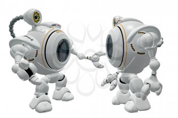 Royalty Free Clipart Image of Two Robot Web Cams Talking to Each Other.